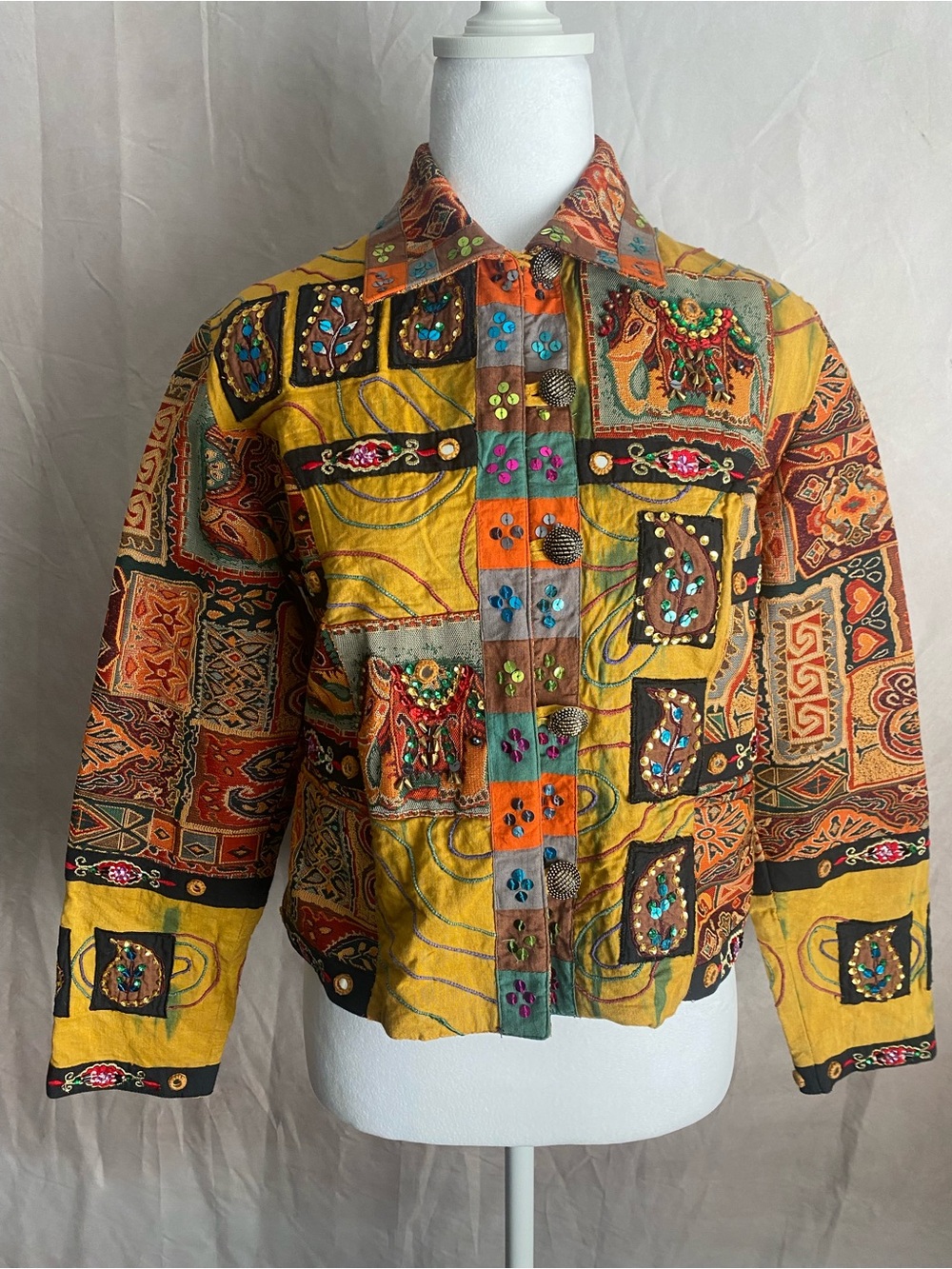 Vintage Anage Beaded Patchwork Jacket - Boho Elephant Tapestry Crop S